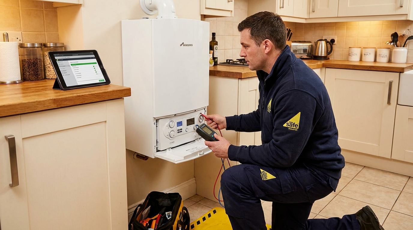Gas Safe engineer carrying out an annual boiler service in Midlothian