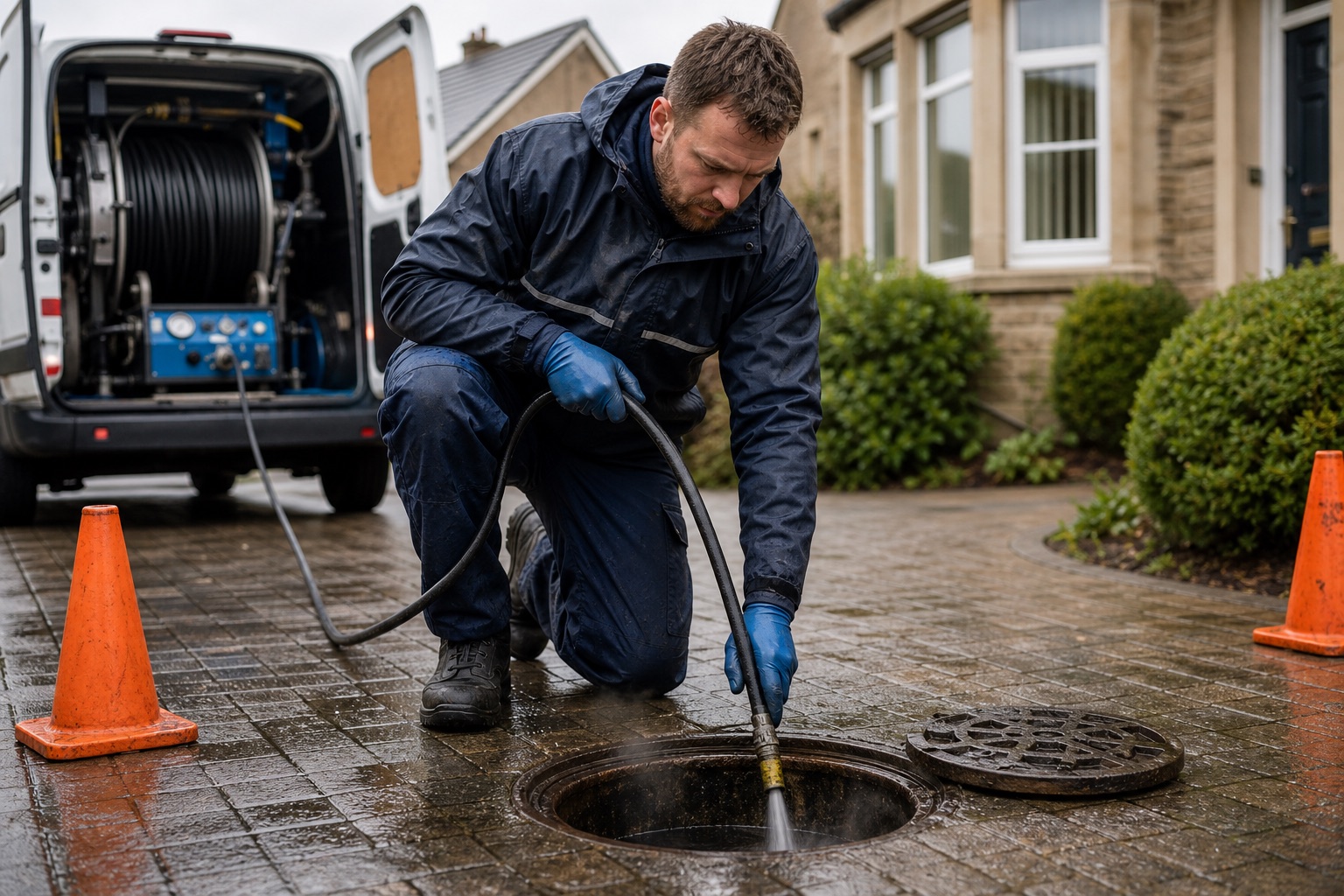 Drainage engineer clearing a blocked drain with jetting equipment