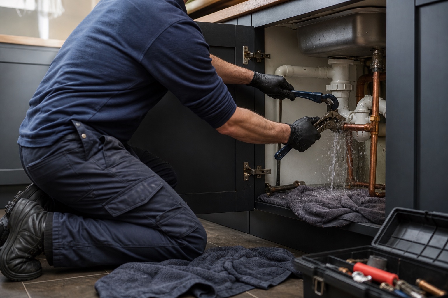 Emergency plumber fixing a burst pipe in Midlothian