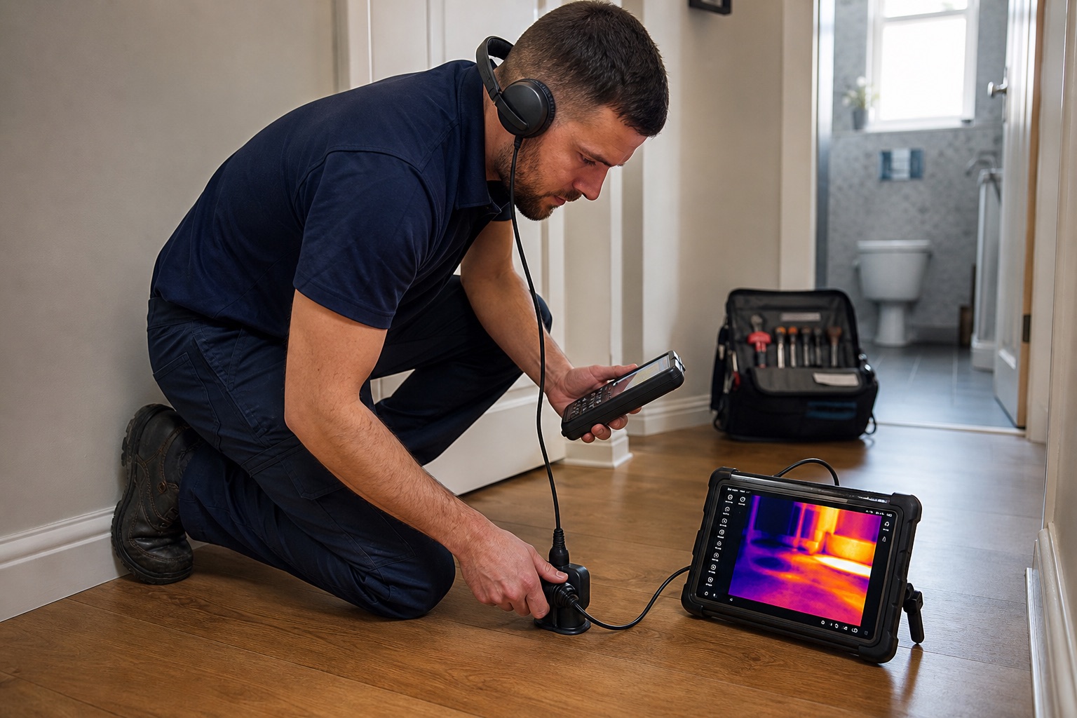 Plumber using electronic leak detection equipment