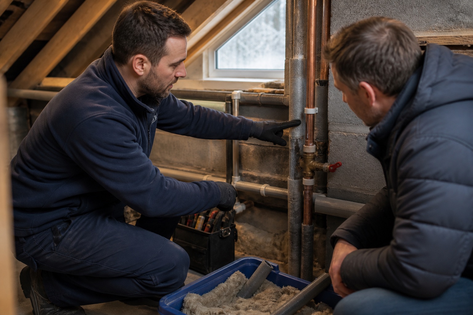 Plumber insulating pipes against Scottish winter cold